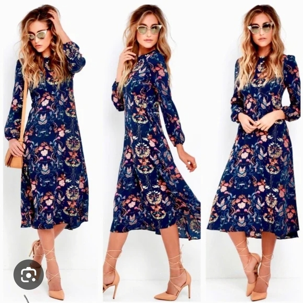 I. Madeline Garden Splendor Navy Blue Floral Print Long Sleeve Midi Dress